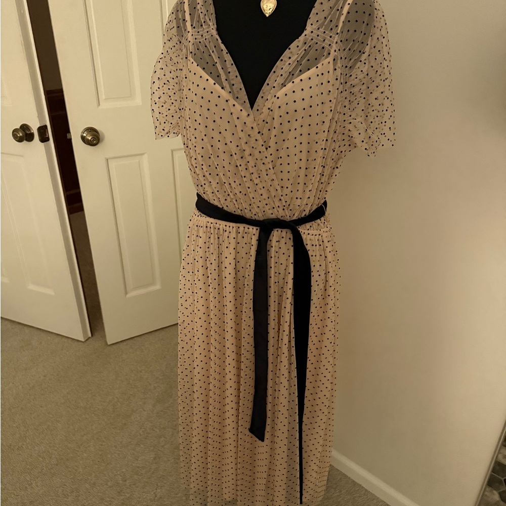Elegant Polka Dot Dress with Black Belt New